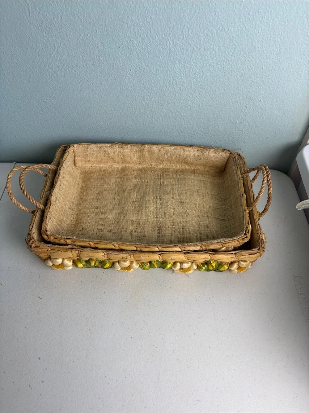 Set of 3 Vintage Handwoven Raffia and Seagrass Trays with Yellow Floral Accents